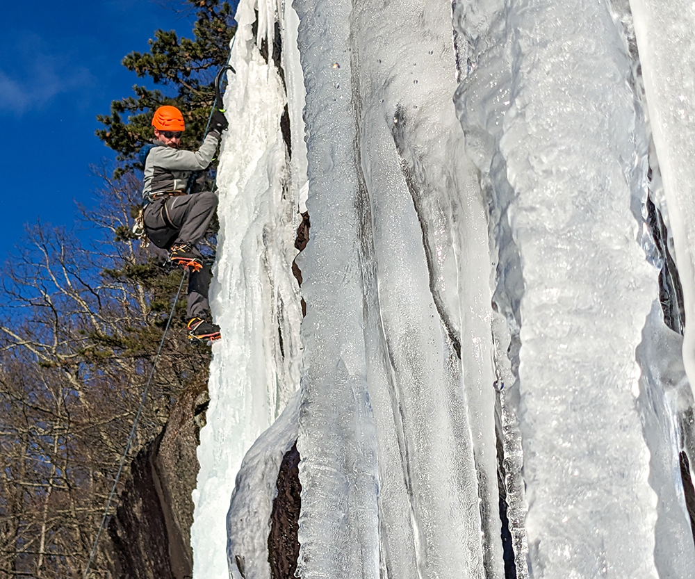 ice climber climbing at Daughton, NC