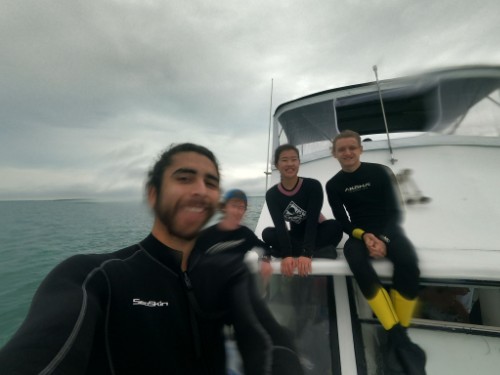 Group selfie on the approach to the reef. From right to left: Me, Ian, Jane, Sam